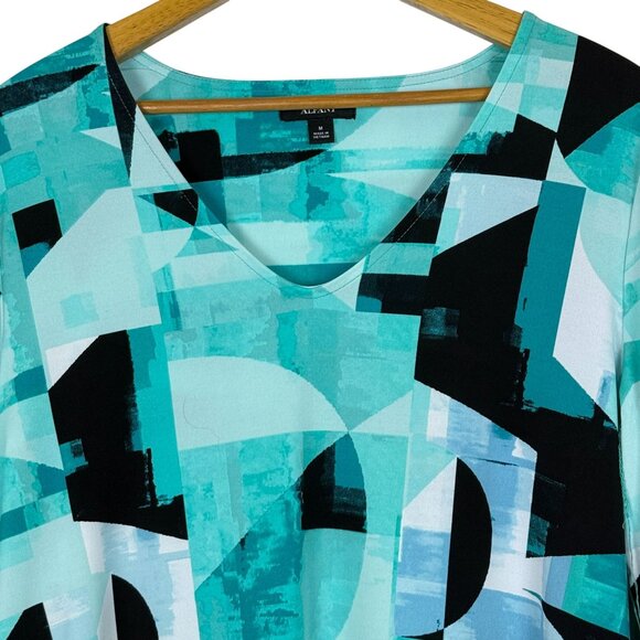 Alfani Abstract Geometric Print Tunic Top Sz Medium Tie Sleeves Artsy Green - Picture 2 of 8